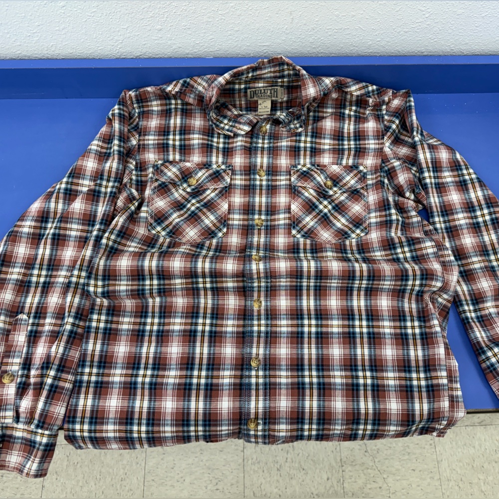 Duluth Trading Co Mens L Tall Trim Fit Plaid Button Down Shirt Cotton